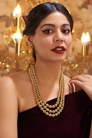 Gold Finish Kundan Polki Temple Layered Necklace Set
