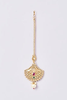Gold Finish Kundan Polki & Multi-Colored Stone Maangtikka