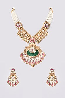 Gold Finish Kundan Polki & Multi-Colored Stone Temple Necklace Set