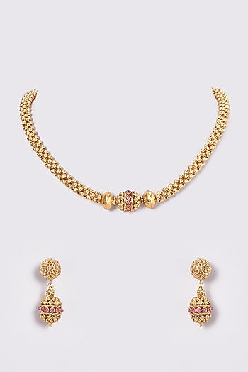 Gold Finish Kundan Polki Temple Necklace Set