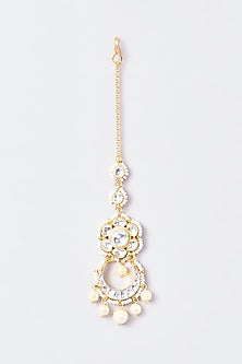 Gold Finish Kundan Polki & Pearl Maang Tikka