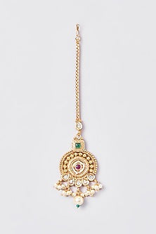 Gold Finish Kundan Polki & Multi-Colored Stone Maangtikka