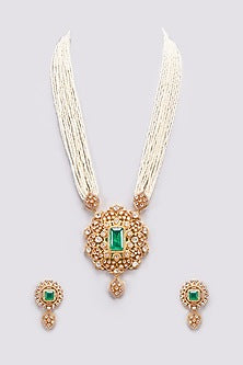 Gold Finish Kundan Polki & Green Stone Long Necklace Set