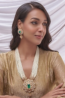 Gold Finish Kundan Polki & Green Stone Long Necklace Set