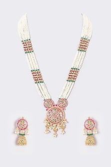 Gold Finish Kundan Polki & Synthetic Stone Temple Long Necklace Set