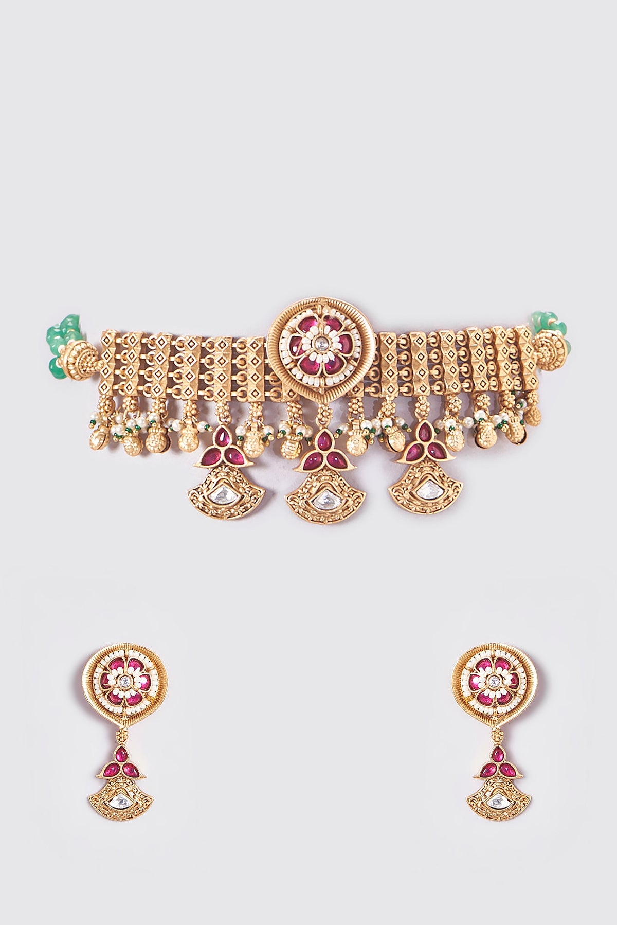 Gold Finish Kundan Polki Temple Choker Necklace Set