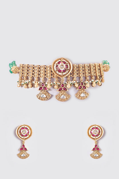Gold Finish Kundan Polki Temple Choker Necklace Set