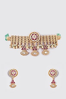 Gold Finish Kundan Polki Temple Choker Necklace Set