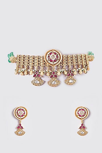 Gold Finish Kundan Polki Temple Choker Necklace Set