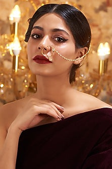 Gold Finish Kundan Polki & Pearl Nose Ring