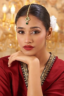 Gold Finish Kundan Polki & Green Beaded Maangtikka