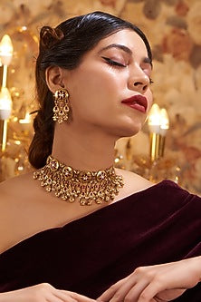 Gold Finish Kundan Polki & Red Stone Temple Choker Necklace Set