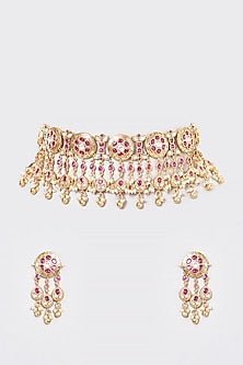 Gold Finish Kundan Polki & Red Stone Temple Choker Necklace Set