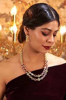 Gold Finish Kundan Polki & Ruby Stone Temple Layered Necklace Set