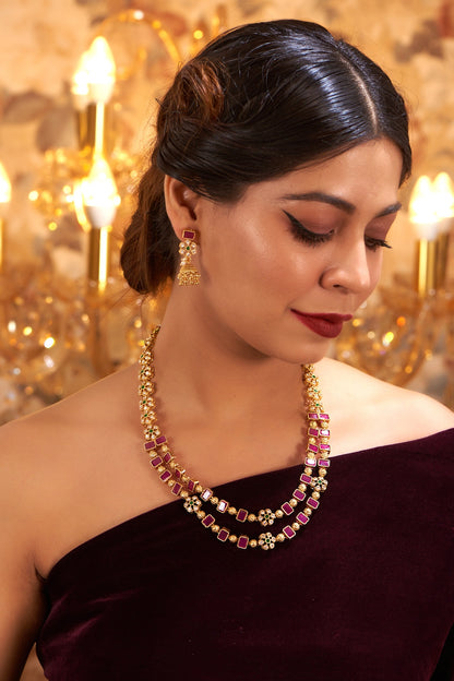 Gold Finish Kundan Polki & Ruby Stone Temple Layered Necklace Set