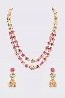 Gold Finish Kundan Polki & Ruby Stone Temple Layered Necklace Set
