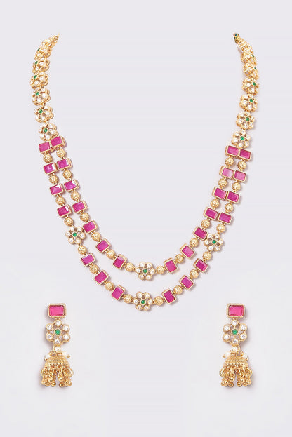 Gold Finish Kundan Polki & Ruby Stone Temple Layered Necklace Set