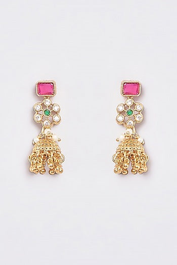 Gold Finish Kundan Polki & Ruby Stone Temple Layered Necklace Set