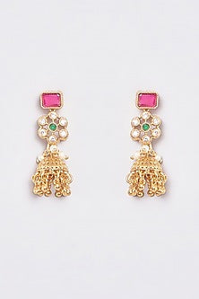 Gold Finish Kundan Polki & Ruby Stone Temple Layered Necklace Set