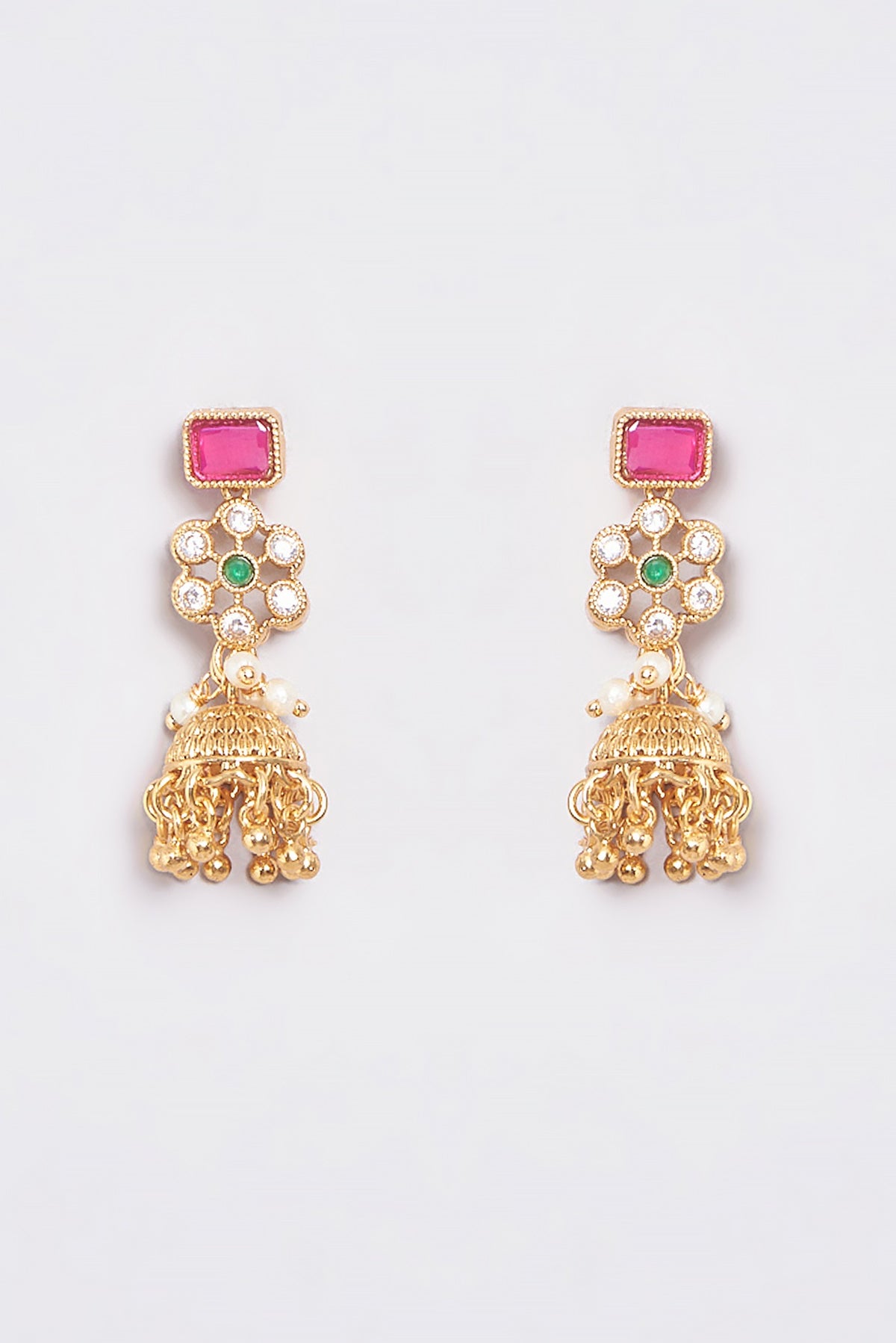 Gold Finish Kundan Polki & Ruby Stone Temple Layered Necklace Set