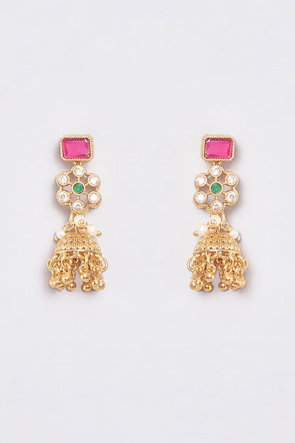 Gold Finish Kundan Polki & Ruby Stone Temple Layered Necklace Set