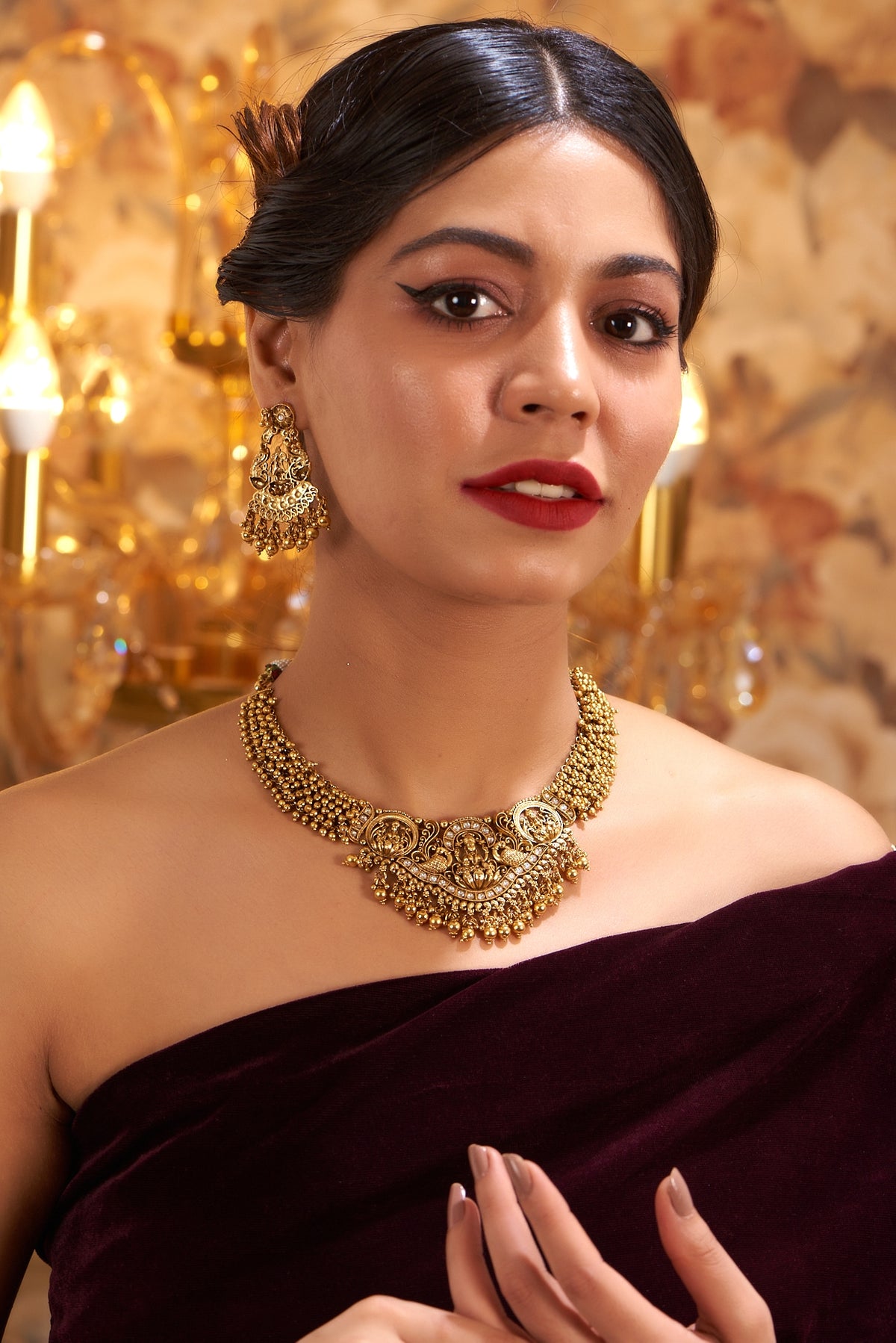 Gold Finish Kundan Polki Temple Necklace Set