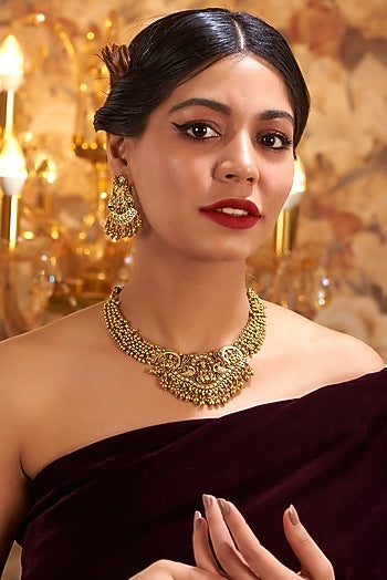 Gold Finish Kundan Polki Temple Necklace Set