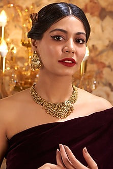 Gold Finish Kundan Polki Temple Necklace Set