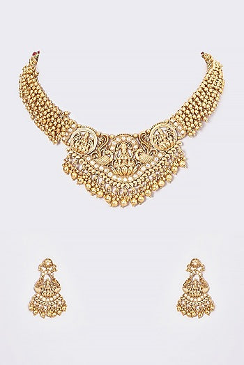 Gold Finish Kundan Polki Temple Necklace Set