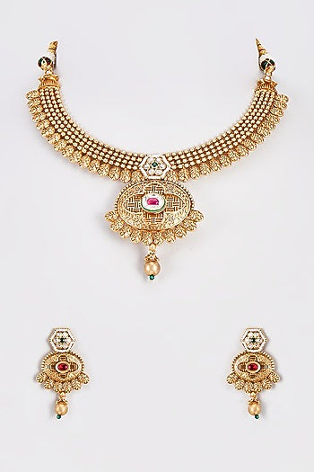 Gold Finish Kundan Polki Temple Necklace Set With Multi-Colored Stones