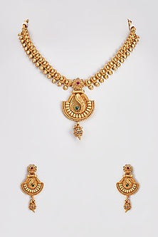 Gold Finish Kundan Polki Temple Necklace Set With Multi-Colored Stones