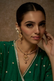 Gold Finish Kundan Polki Temple Necklace Set With Multi-Colored Stones