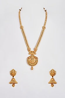 Gold Finish Kundan Polki Temple Long Necklace Set