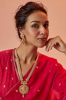 Gold Finish Kundan Polki Temple Long Necklace Set