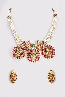 Gold Finish Kundan Polki Temple Necklace Set