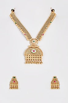 Gold Finish Temple Necklace Set With Multi-Colored Stones
