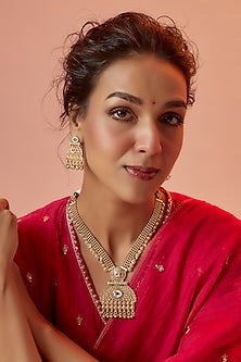 Gold Finish Temple Necklace Set With Multi-Colored Stones