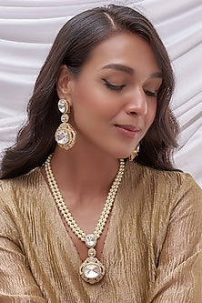 Gold Finish Kundan Polki & Pearl Long Necklace Set