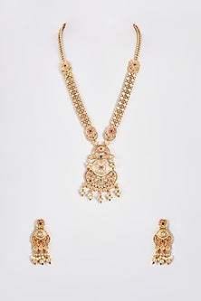 Gold Finish Kundan Polki Temple Long Necklace Set With Multi-Colored Stones