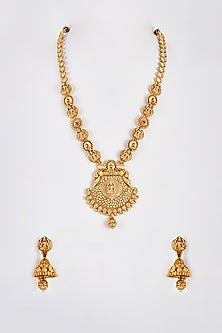 Gold Finish Kundan Polki Temple Long Necklace Set