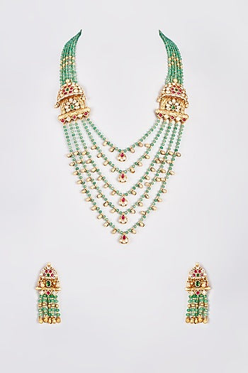 Gold Finish Temple Layered Necklace Set With Red Stones