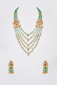 Gold Finish Temple Layered Necklace Set With Red Stones