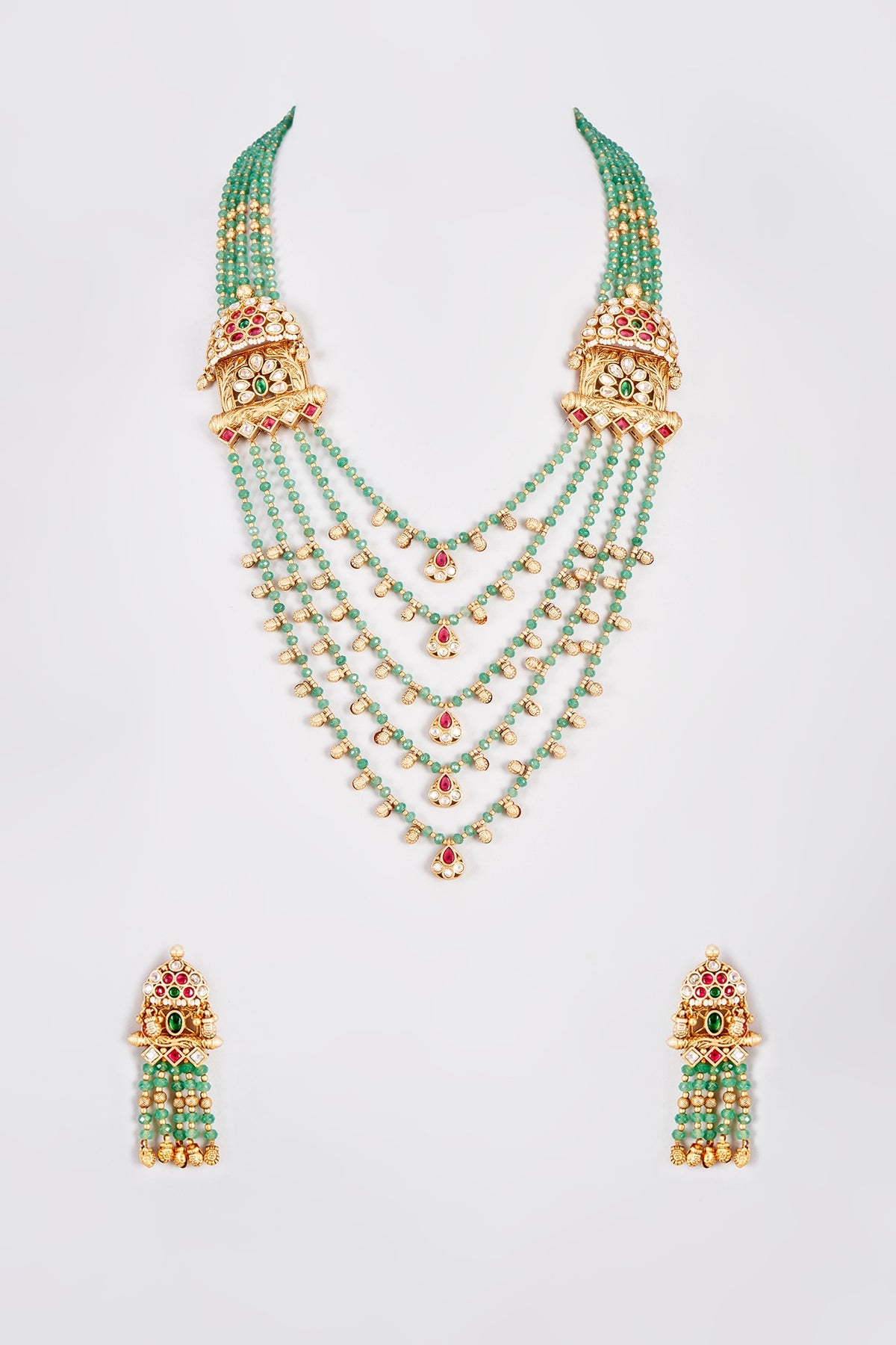 Gold Finish Temple Layered Necklace Set With Red Stones