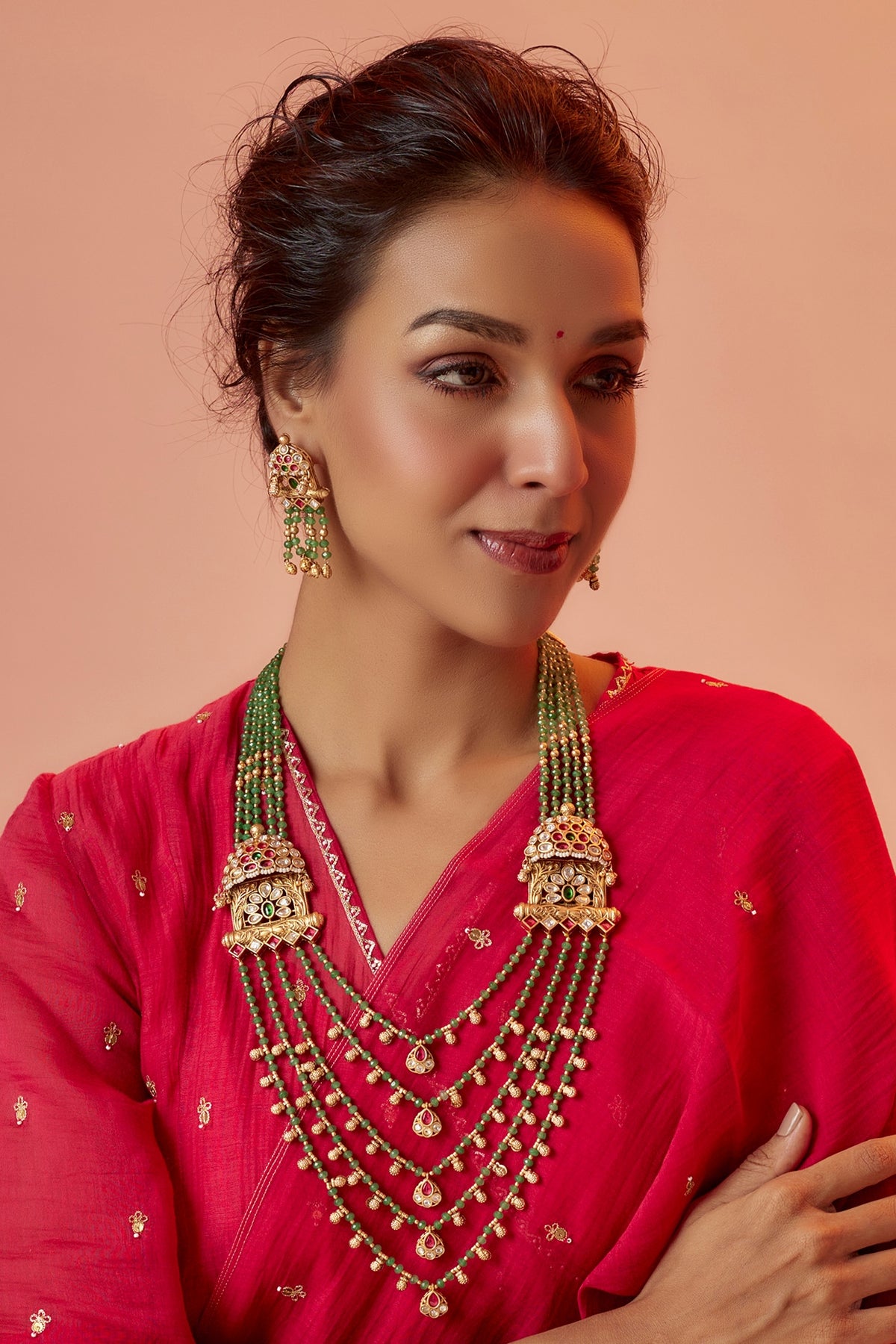 Gold Finish Temple Layered Necklace Set With Red Stones
