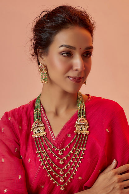 Gold Finish Temple Layered Necklace Set With Red Stones