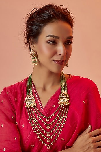 Gold Finish Temple Layered Necklace Set With Red Stones