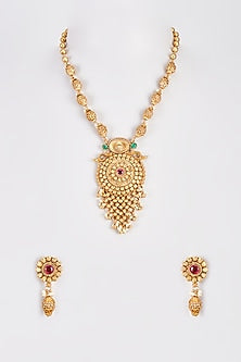 Gold Finish Temple Long Necklace Set With Red Stones