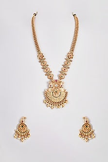 Gold Finish Kundan Polki Temple Long Necklace Set
