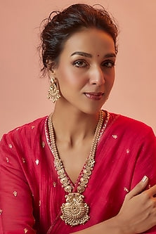 Gold Finish Kundan Polki Temple Long Necklace Set