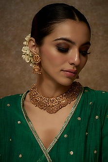 Gold Finish Kundan Polki Temple Necklace Set